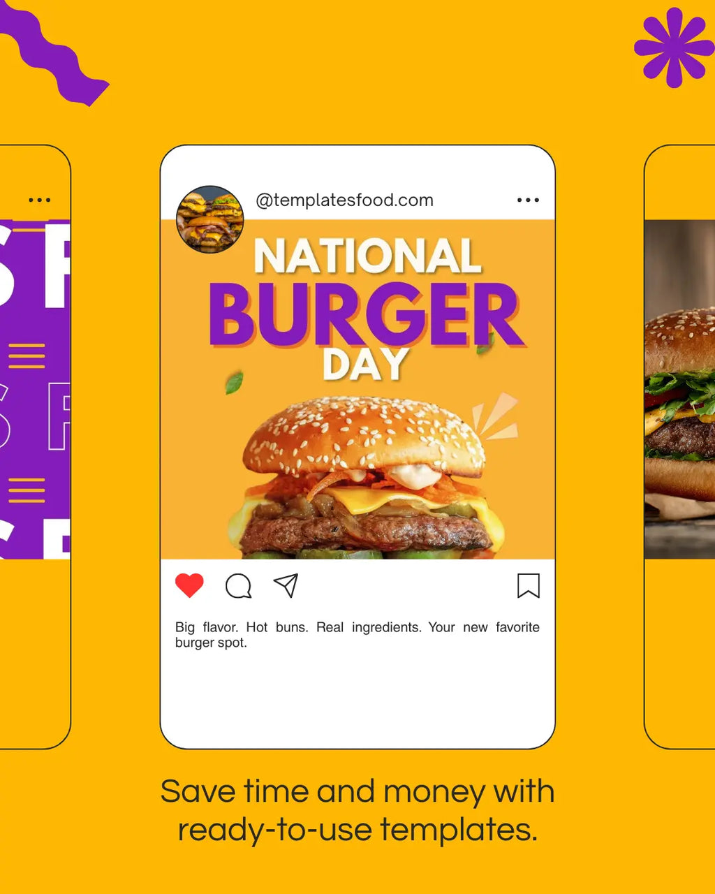 50 Burger Instagram Templates PACK - PURPLE AND YELLOW My Food Templates