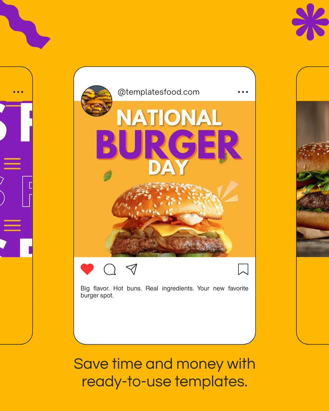 50 Burger Instagram Templates PACK - PURPLE AND YELLOW My Food Templates