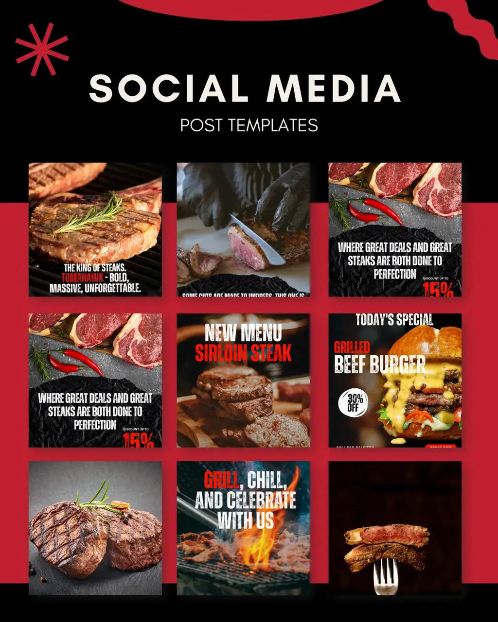 Steakhouse Instagram Templates Pack – 30 Premium Restaurant Posts Food Templates