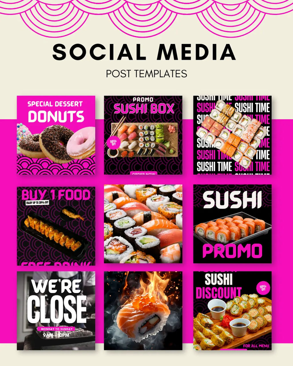 SUSHI Instagram Templates Pack - 30 Posts + 2 Free Bonus Templates FUSHIA PINK Food Templates