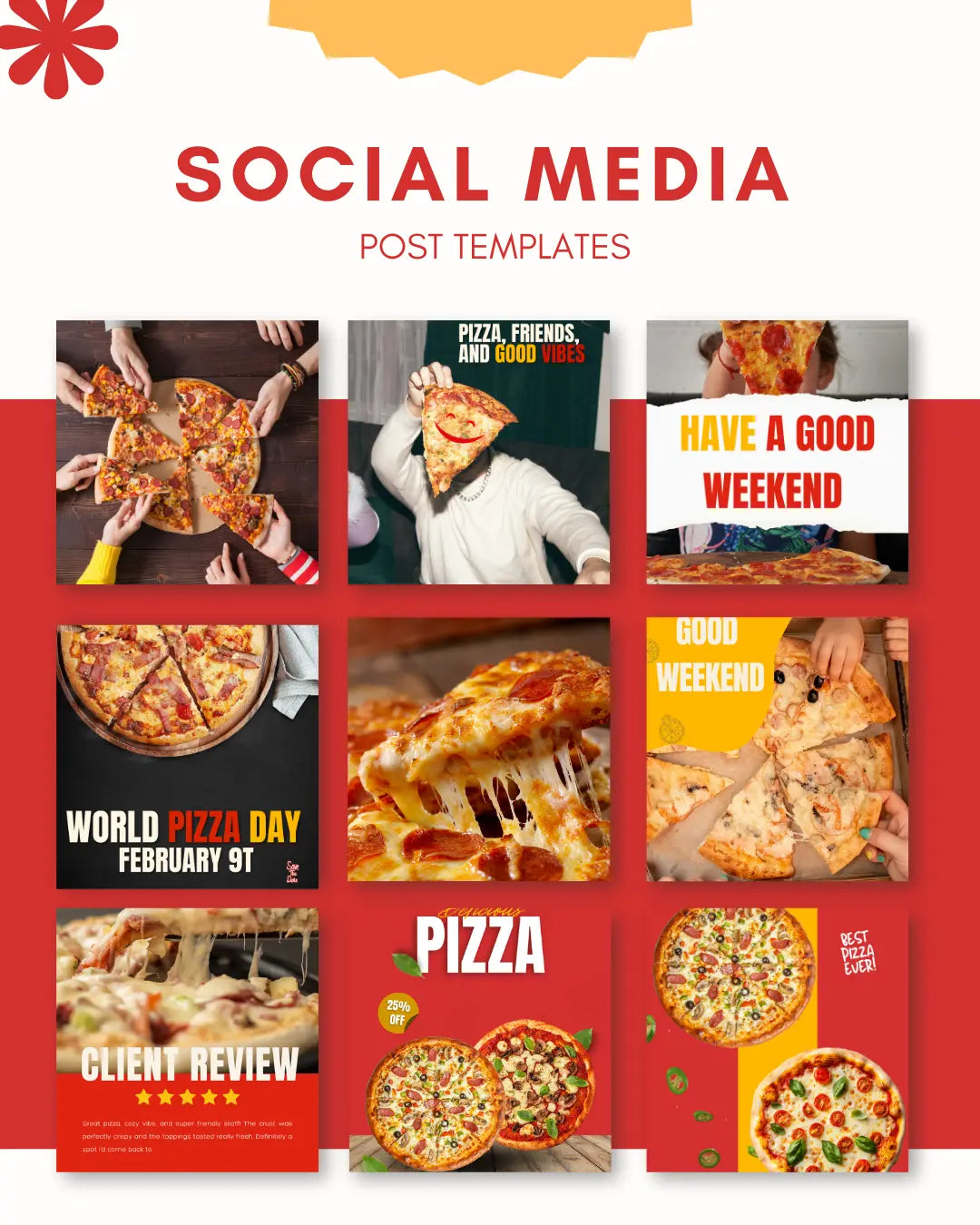 PIZZA Instagram Templates Pack – 50 Premium Posts YELLOW RED Food Templates
